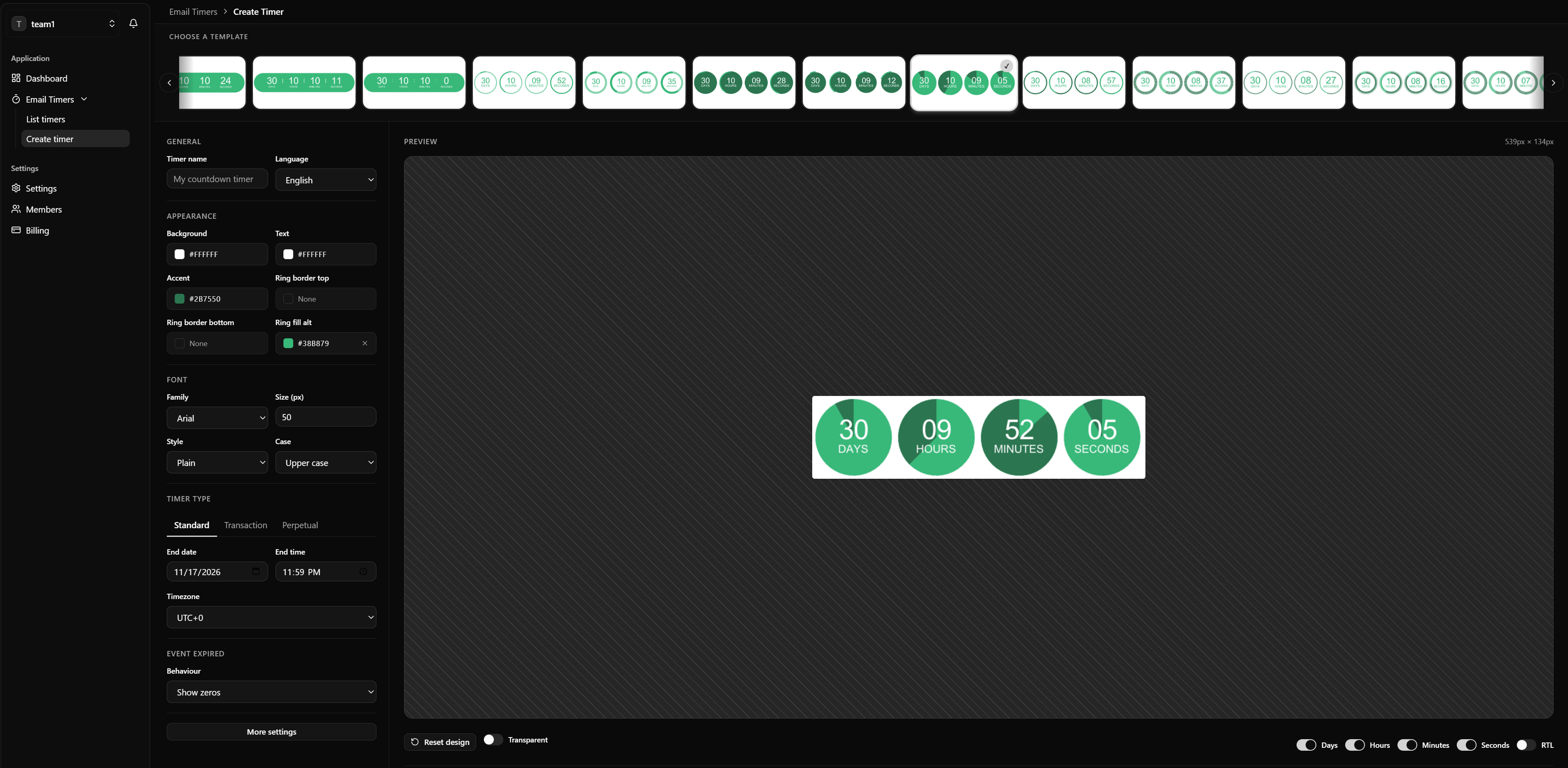 Timer creation workspace in dark mode, showing templates, appearance settings and a countdown preview