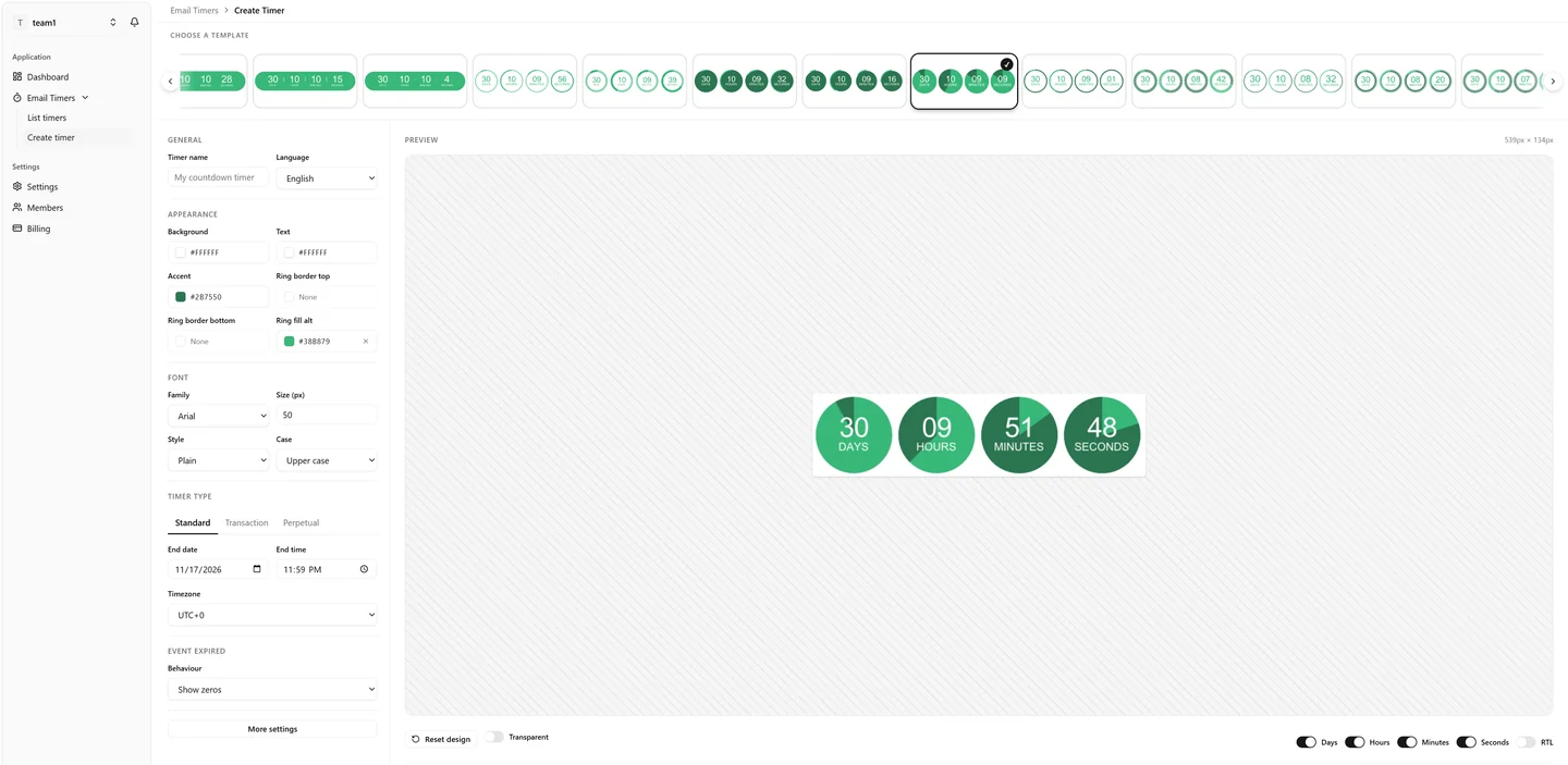Timer creation editor with the template strip, settings and live preview
